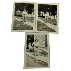 Young Boy Posing on Walkway Sidewalk 1930s Vintage Photograph Lot of 3